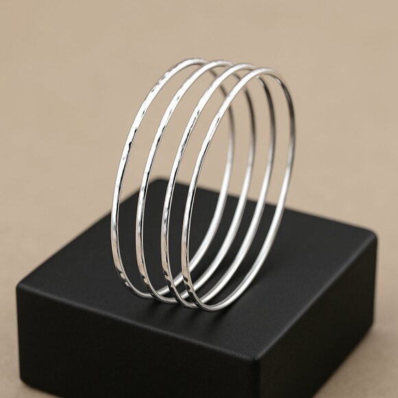 Hammered Real Sterling Silver Bangle Bracelet Set - Picture 2 of 5